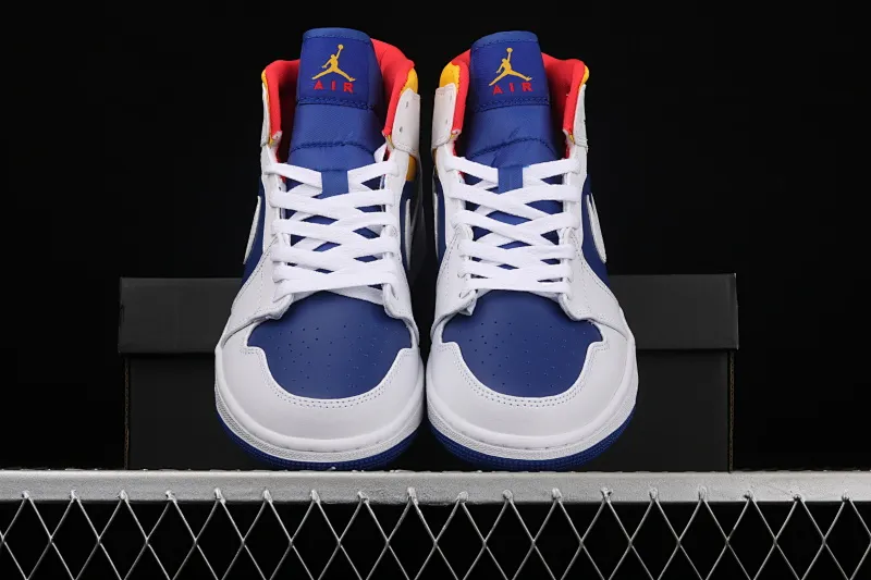 All categories Air Jordan Jordan series basketball shoes Air Jordan 1 Mid Air Jordan 1 Mid AJ1 Joe 1 mid-top white, yellow and blue color 554724-131